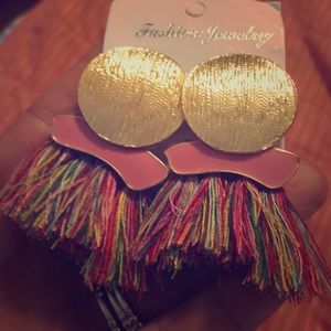 Gold earrings with colorful fringe
